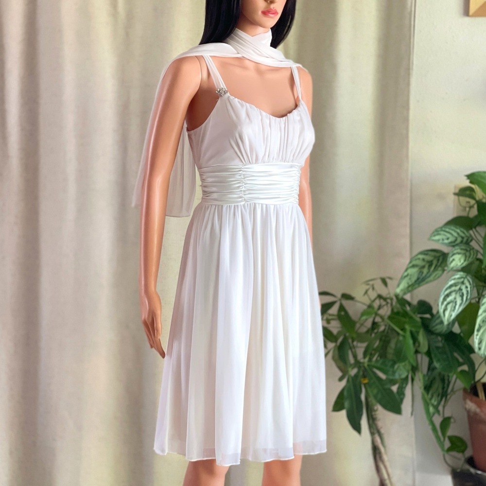 Vtg 90s Y2K Celavie Collection White Grecian Goddess Cocktail Dress Scarf M
